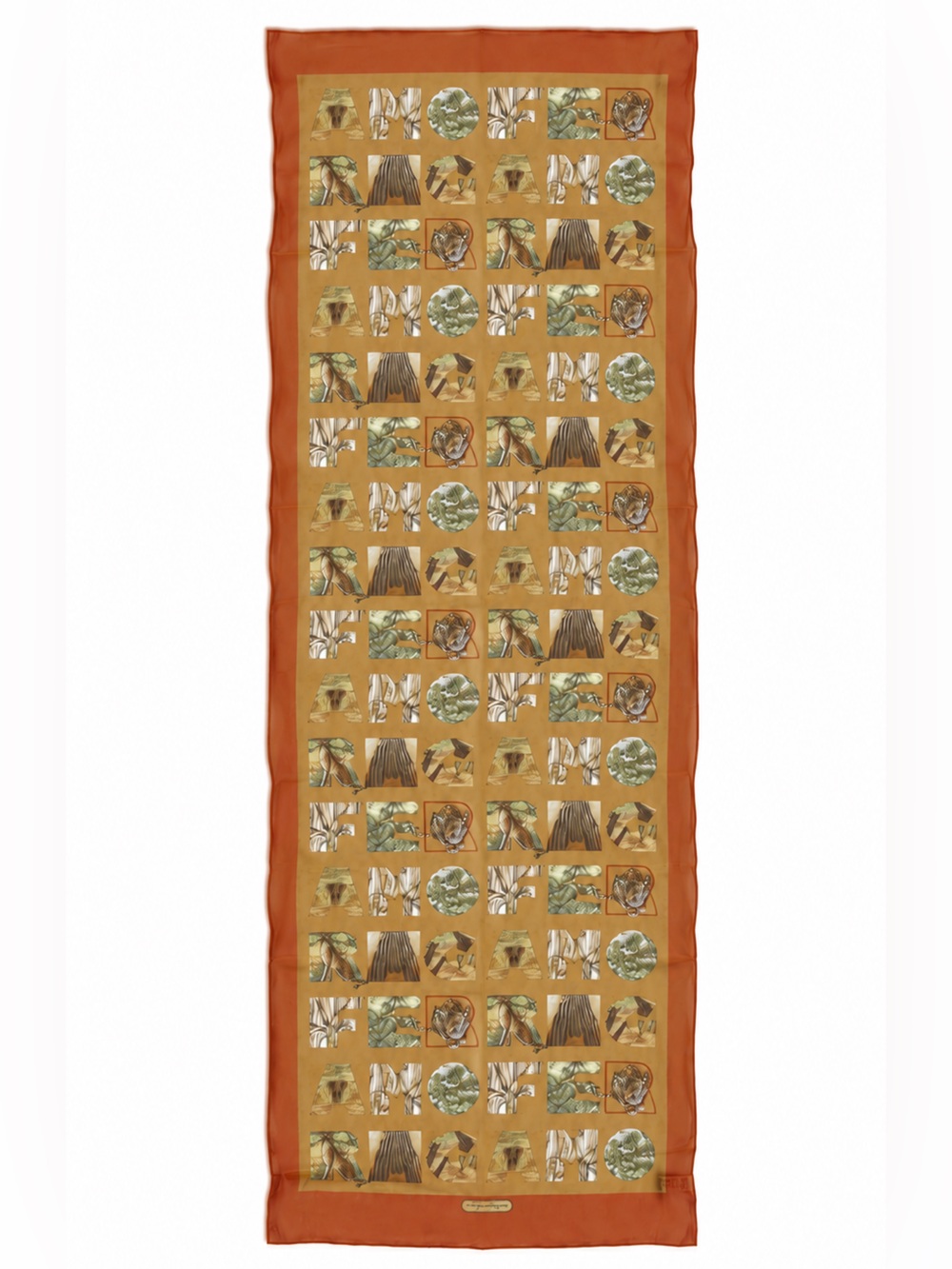 Salvatore Ferragamo 100% silk safari exotic animal print long orange scarf NWT